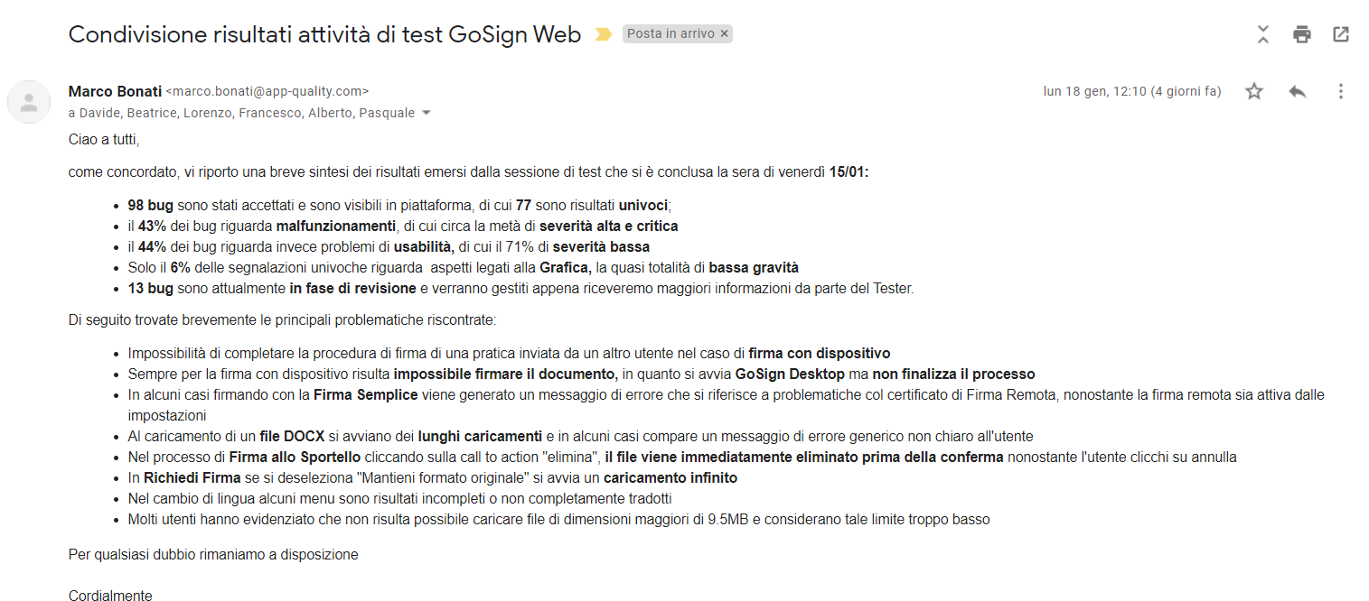 Mail di condivisione dei risultati principali del test da mandare al cliente entro il giorno lavorativo seguente alla chiusura del test