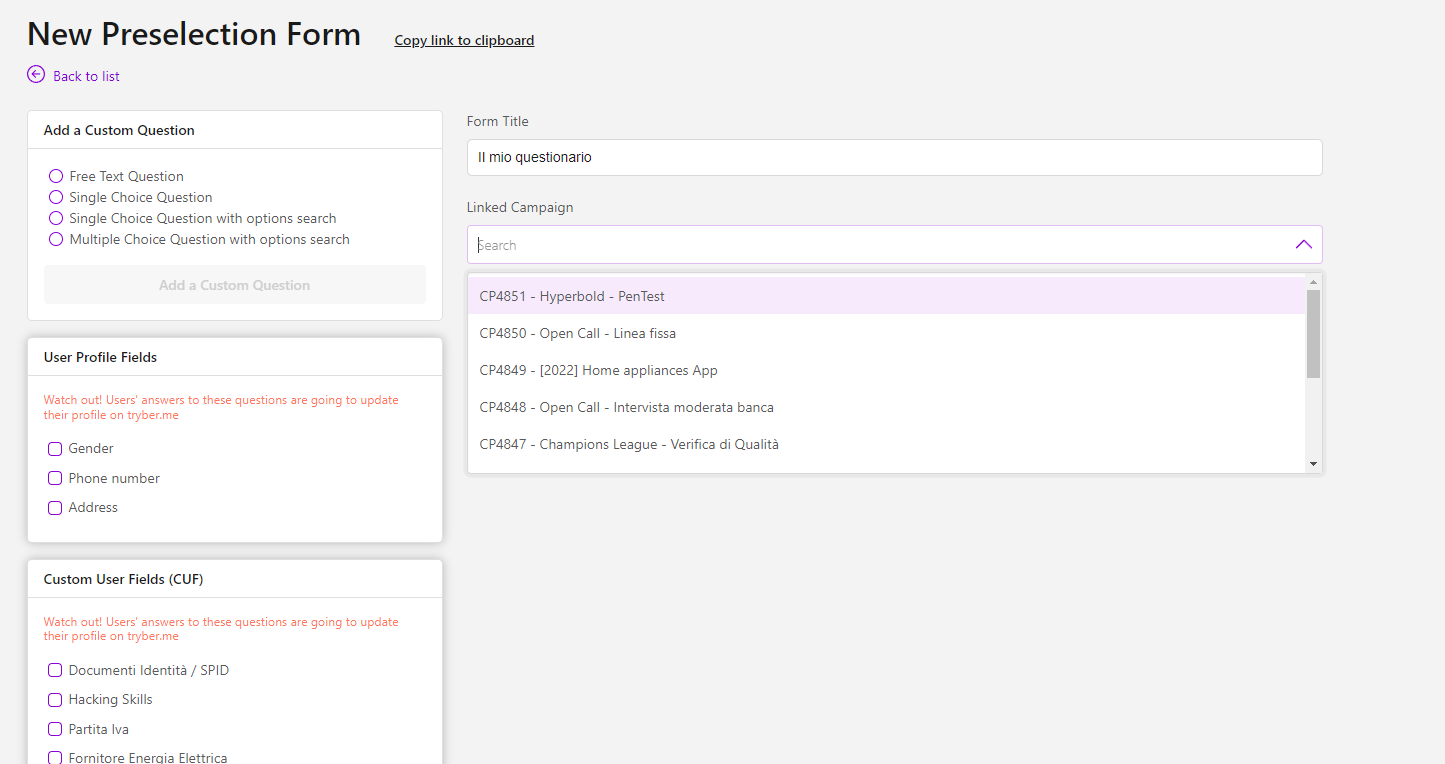 Form Builder - Nome e associazione survey alla CP