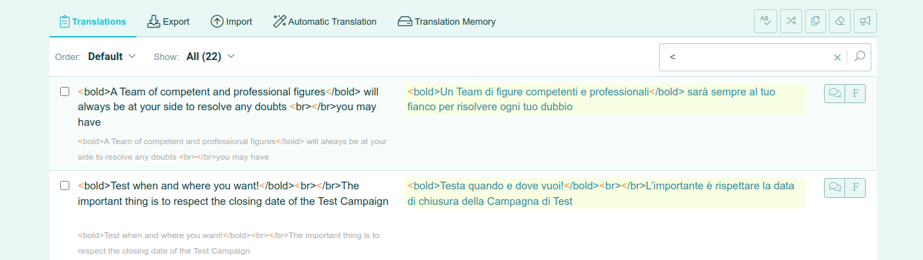 POEditor esempi di traduzioni con tag HTML