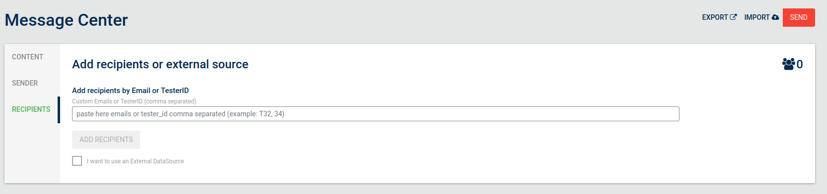 Recipients-message-center lista di tester-id/emails
