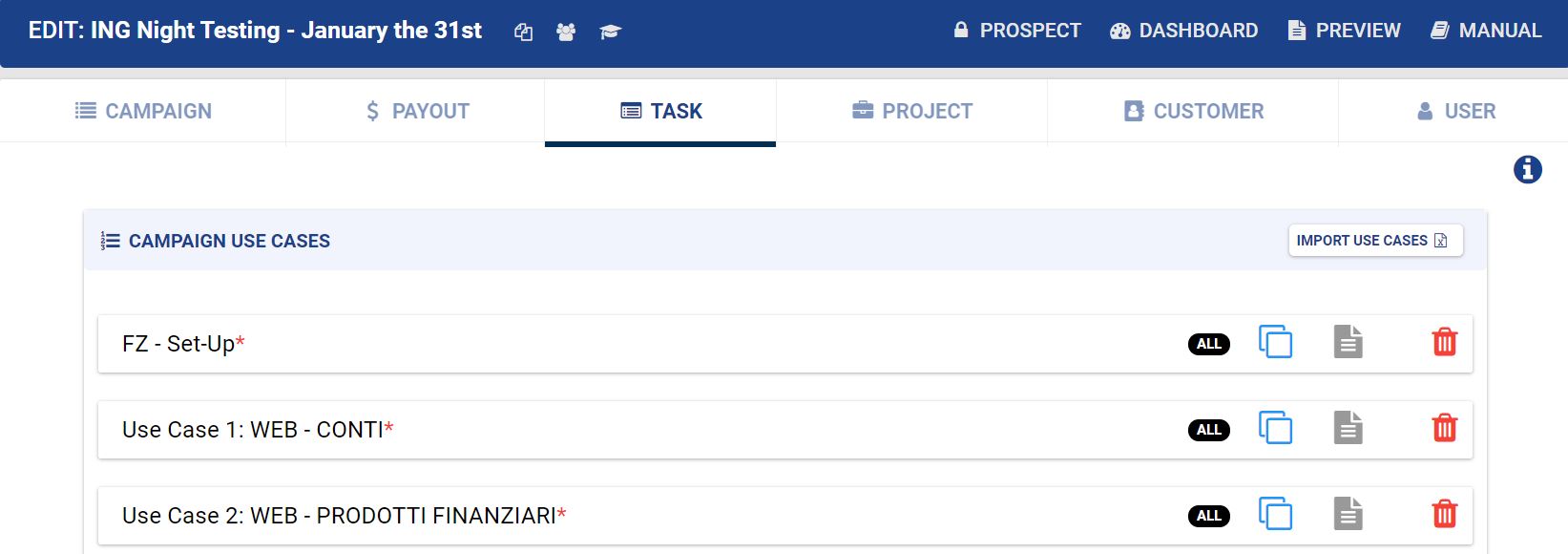 Pagina delle task di una campagna